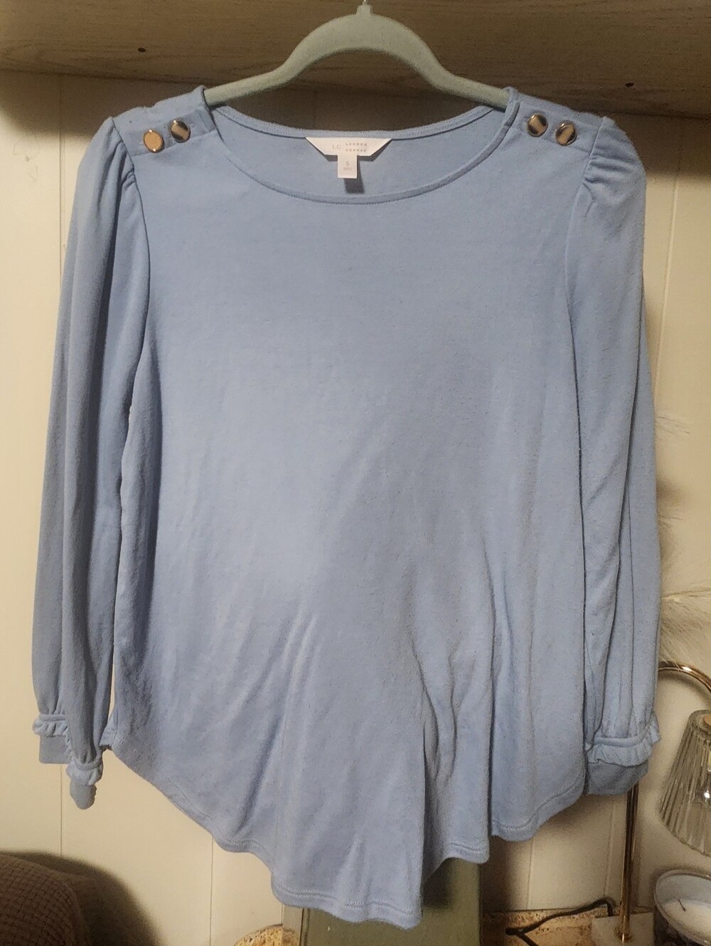 LC Lauren Conrad Light Blue Long Sleeve Shoulder-Button Tee